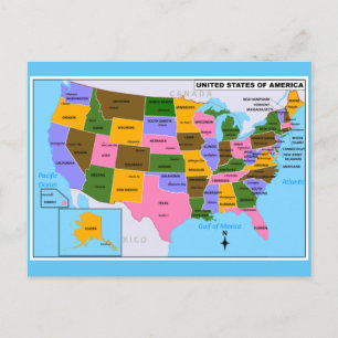 Postale OLD USA Carte avec Capitales d'Etat et Golfe du Me