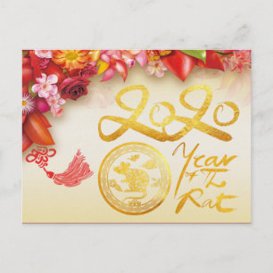 Postale Or chinois floral Papier coupé Rat 2020 Carte post