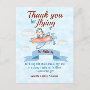 Postale Penguin Avion bleu 1er Carte de remerciements anni