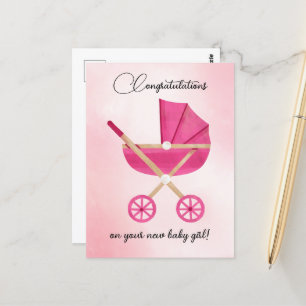 Postale Pink stroller Baby Girl Félicitations Carte