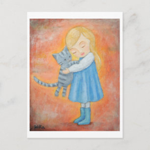 Postale Tabby Gris Chat & Blonde Girl Carte Post