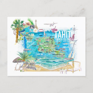 Postale Tahiti Carte de voyage illustrée avec routes