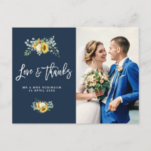 Postale tournesol bleu marine mariage merci carte photo