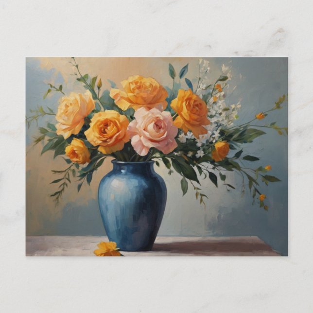 Postale Un bouquet de fleurs dans un vase bleu carte posta (Devant)