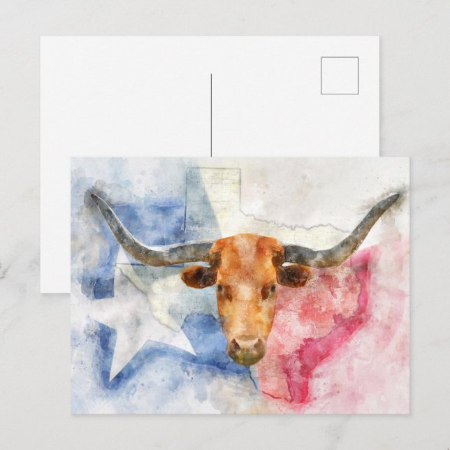 Postale Vache Longhorn avec carte du Texas et drapeau Aqua (Devant / Derrière)