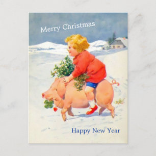 Postale Vintage Gril sur Pig Noël Nouvel An Carte Image