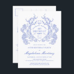 POSTCARD 40. Geburtstag Blauer Wappen einladen Einladungspostkarte<br><div class="desc">Ein elegantes französisches Vintages blühendes Wappen steht im Mittelpunkt der Bühne dieses zeitlosen Geburtstags. Verziert,  formell und sehr feminin macht jede Geburtstagsfrau ein ganz besonderes Gefühl. Die Party-Vorräte werden koordiniert.</div>