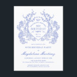 POSTCARD 90TH Birthday Blue Floral Wappen Einladun Einladungspostkarte<br><div class="desc">Ein elegantes französisches Vintages blühendes Wappen steht im Mittelpunkt der Bühne dieses zeitlosen Geburtstags. Verziert,  formell und sehr feminin macht jede Geburtstagsfrau ein ganz besonderes Gefühl. Die Party-Vorräte werden koordiniert.</div>
