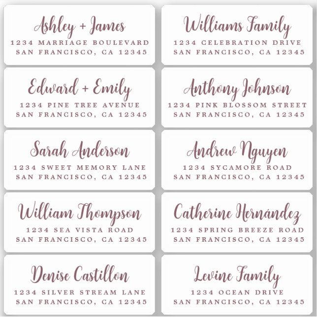 Postcard Burgundy Calligraphy Guest Address Labels (Vorderseite)