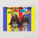 Postcard Happy Birthday Friend Basset Postkarte<br><div class="desc">Postcard Happy Birthday Friend - 2 Basset-Hunde auf Regenbogenstreifen mit Smiley</div>