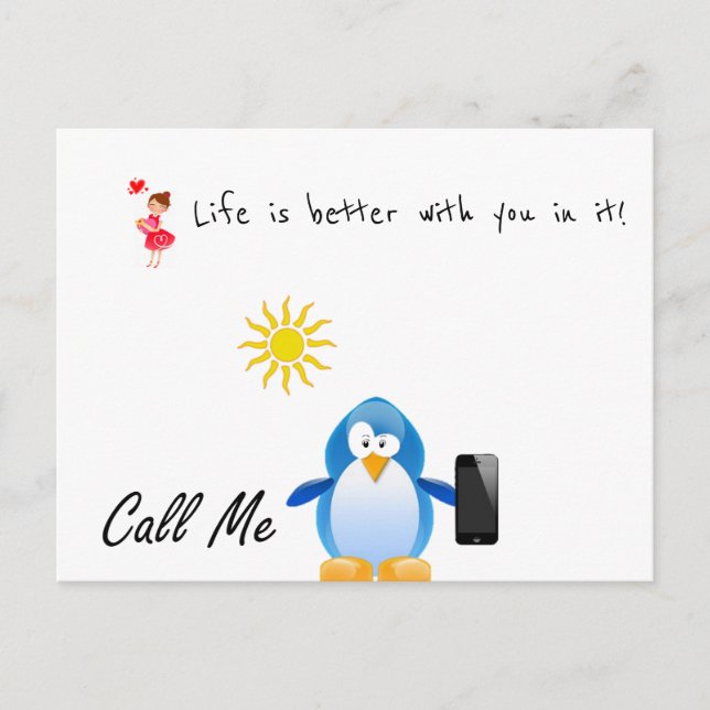 Postcard Liebe Pinguin Rufen Sie mich an, das Lebe Postkarte (Vorderseite)