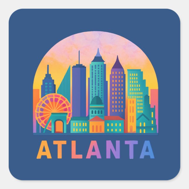 Postcard Modern Atlanta Georgia Skyline Blue Quadratischer Aufkleber (Vorderseite)