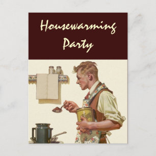 Postcard Retro Man macht Kaffeehaus-Party Einladungspostkarte