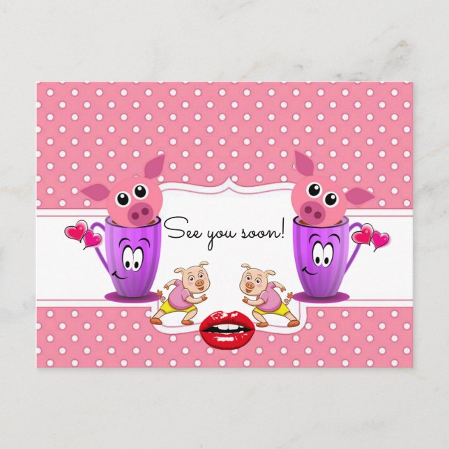 Postcard Rosa Schweine Polk a dot See you soon! Postkarte (Vorderseite)