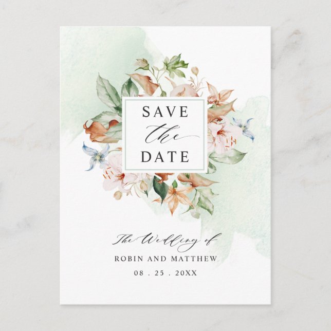 Postcard Save the Date Earthy Blooms Green Wedding Postkarte (Vorderseite)