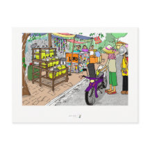 Postcard Street Szene in Asien mit Motorrad