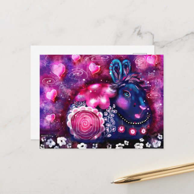 Postcard - Whimsical Rabbit "Glamour Bunny" Pink Postkarte (Vorderseite/Rückseite Beispiel)