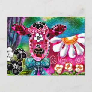 Postcard Whimsisches Abstrakt florales Pink Kuh Postkarte