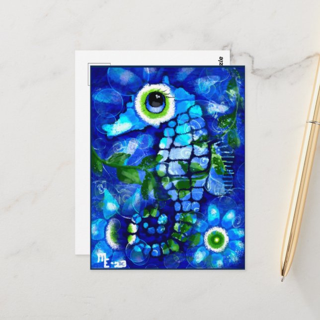 Postcard - Whimsisches Seepferd Abstrakt Art Blue Postkarte (Vorderseite/Rückseite Beispiel)