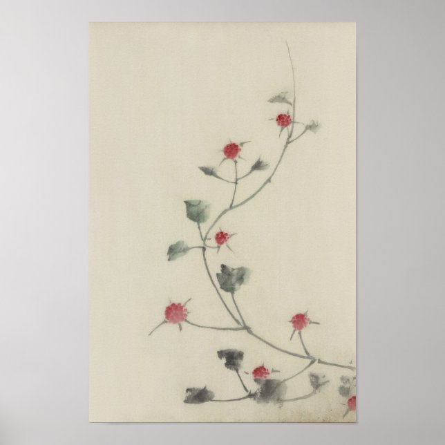Poster 北 斎 fleurs rouges sur la vigne Hokusai (Devant)