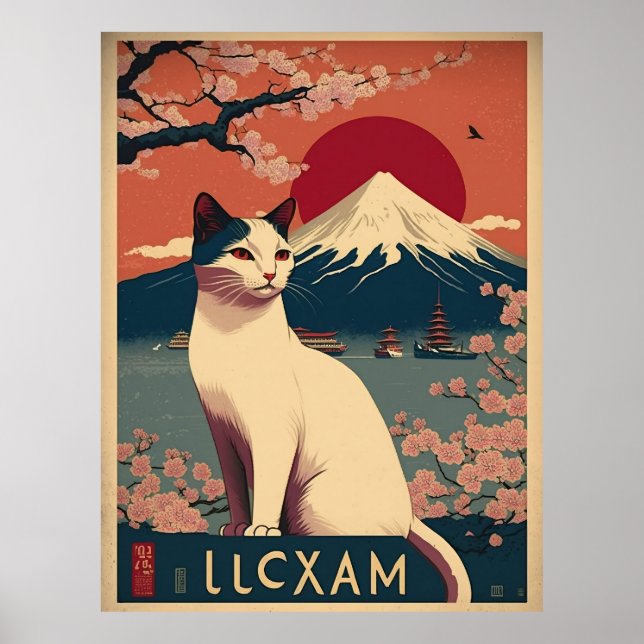 POSTER 日本の伝統的なヴィンテージデザインを使用したアート作品　美しい富士山と猫 (Devant)