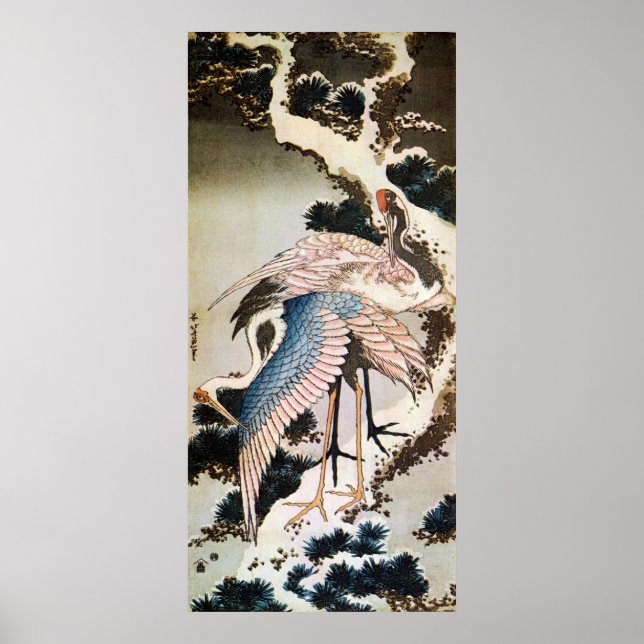 Poster 松 に 鶴, 斎 grues sur Pine Tree, Hokusai, Ukiyo-e (Devant)