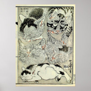 Poster 猫, 暁 斎 Chats, Kyōsai, Ukiyo-e