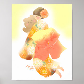 POSTER 着物の女の子とテディベア