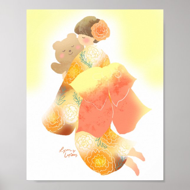 POSTER 着物の女の子とテディベア (Devant)