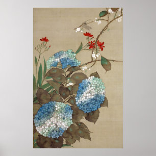 Poster 紫 陽 花 と ン Hydrangea et Dragonfly, Hōitsu