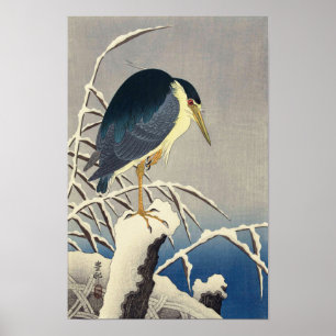 Poster 雪 に ギ 青, 小 古 Héron bleu dans la neige, Ohara Koson