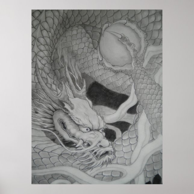 Poster 龍　dragon　水墨画　降り白龍 (Devant)