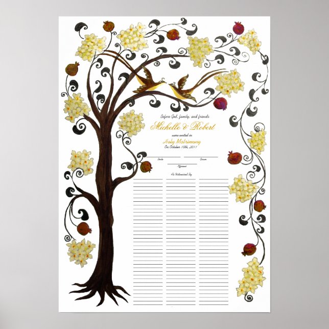 Poster 100 guests Quaker Wedding - Yellow, Tree of life (Devant)