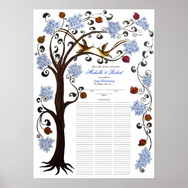 Poster 100 invités Mariage Quaker - Arbre bleu de vie (Devant)