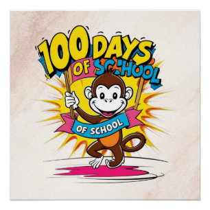 Poster 100 Jours d'école amusant dessin de singe