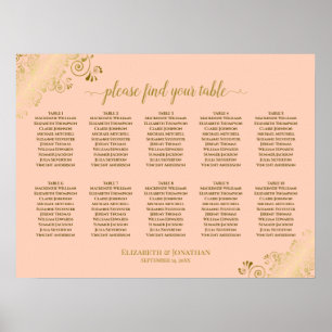Poster 10 Table Wedding Seating Chart Coral Peach & Gold