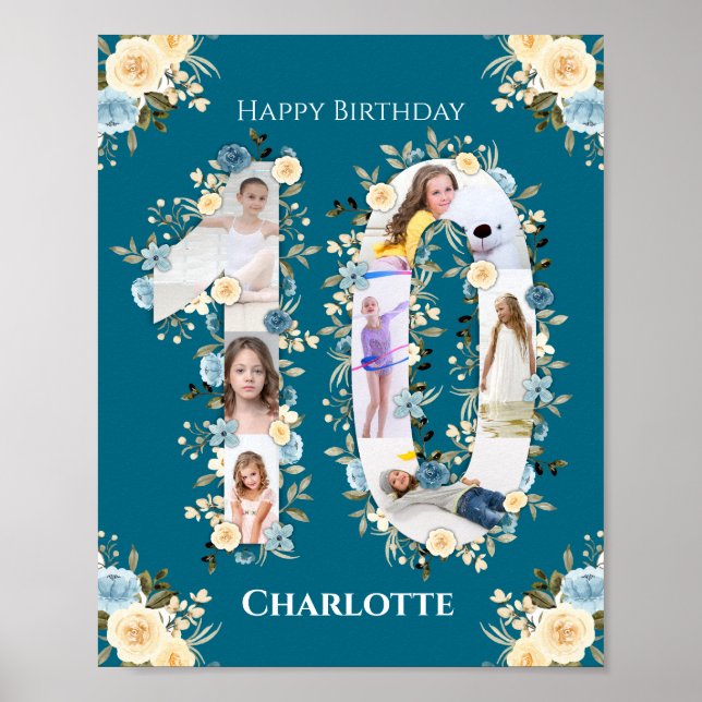 Poster 10e anniversaire Photo Collage Fleur Jaune Turquoi (Devant)