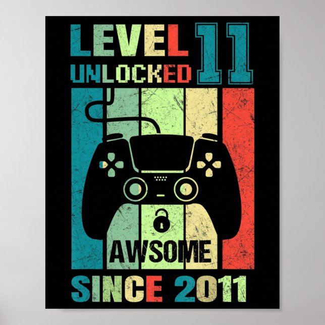 Poster 11e Anniversaire Cadeau Niveau 11 Déverrouillé Awe (Devant)