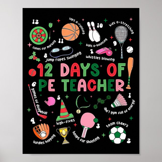 Poster 12 Days Of Pe Teacher Physical Education Gym Coach (Devant)