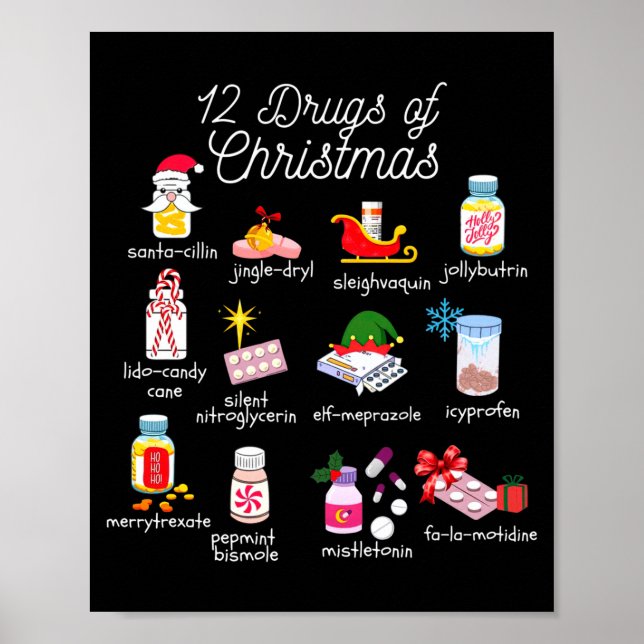 Poster 12 Drugs Of Christmas Pharmacist Technician Pharma (Devant)