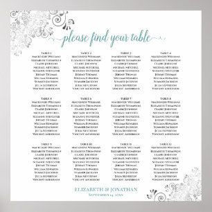 Poster 12 Table Frilly Teal & White Wedding Seating Chart