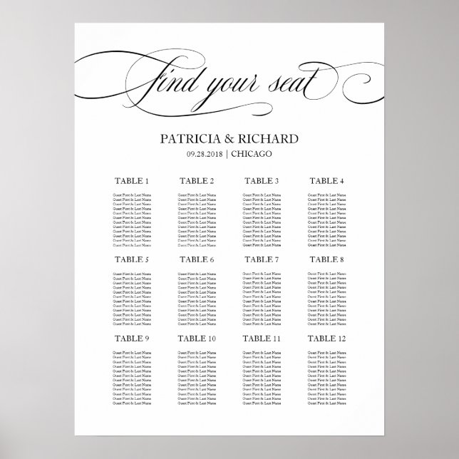Poster 12 Tables Mariage Plan de siège Noir Script (Devant)