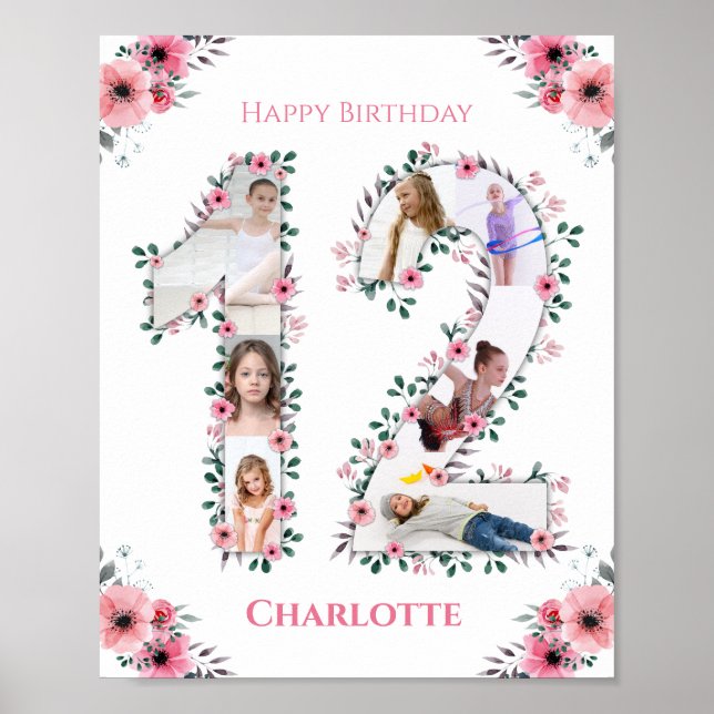 Poster 12e anniversaire Fille rose Photo Collage Blanc (Devant)
