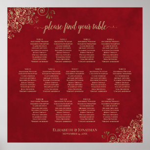 Poster 13 Table Frilly Mariage Seating Chart Rouge & Or