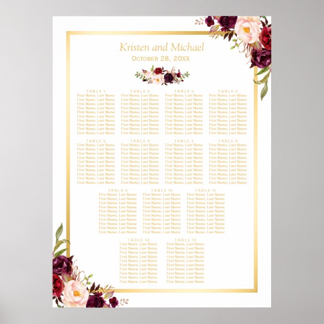 Poster 13 Tables Mariage Siège Or Bourgogne Floral (Devant)