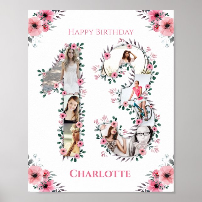 Poster 13e anniversaire Fille rose Photo Collage Blanc (Devant)