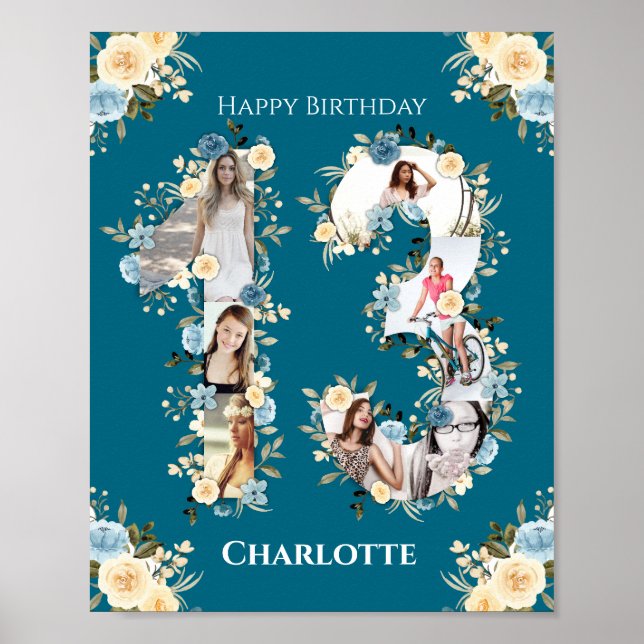 Poster 13e anniversaire Turquoise photo Collage Fleur Jau (Devant)
