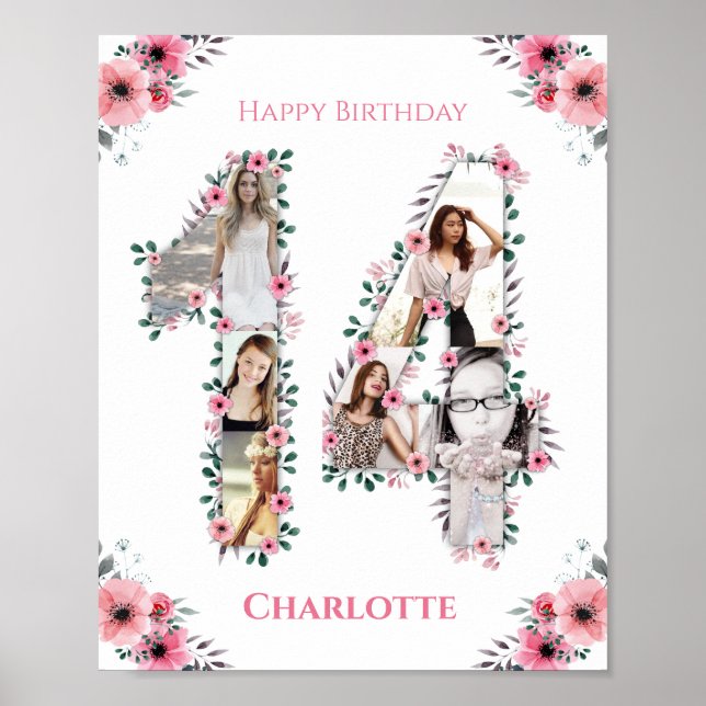 Poster 14e anniversaire Fille rose Photo Collage Blanc (Devant)