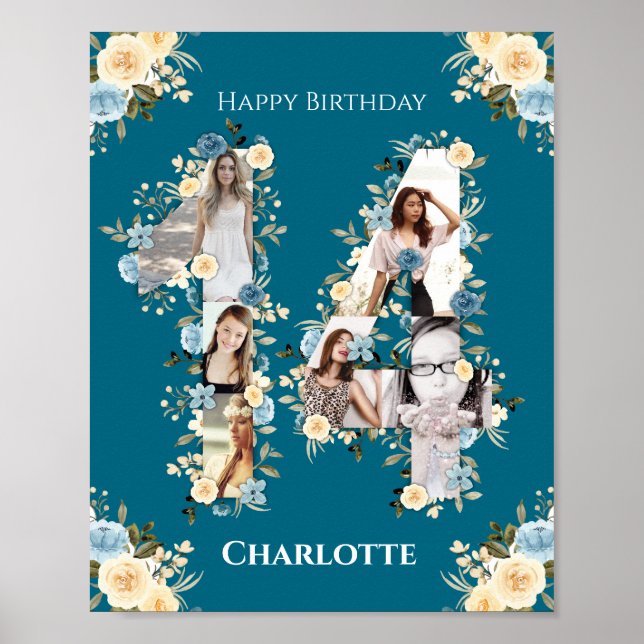 Poster 14e anniversaire Turquoise Fleur Photo Collage Jau (Devant)