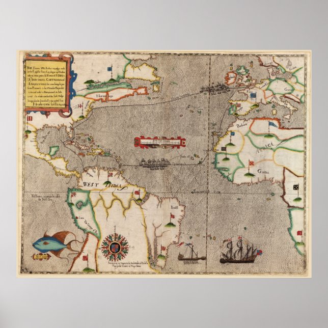 Poster 1589 Carte Voyage des Antilles de Sir Francis Drak (Devant)